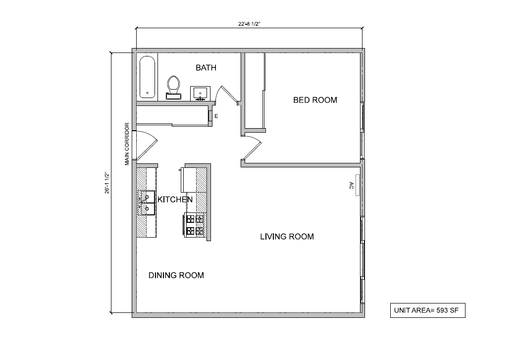 Floor plan for 1 bed, 1 bath, 616 sqft
